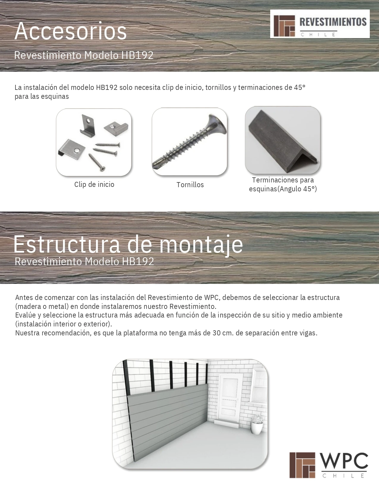 Accesorios y estructura de montaje necesarios para la instalación del revestimiento exterior WPC