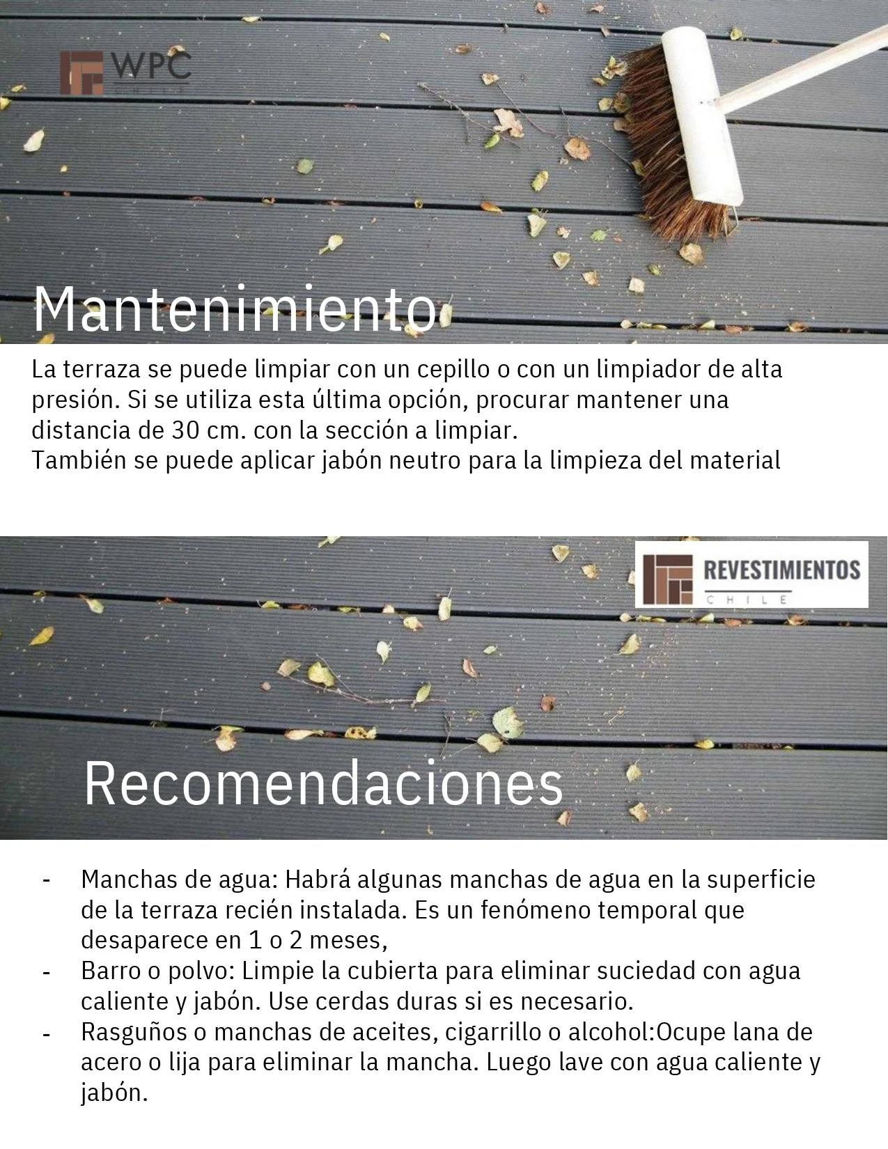 Mantenimiento del piso deck WPC exterior y recomendaciones de uso