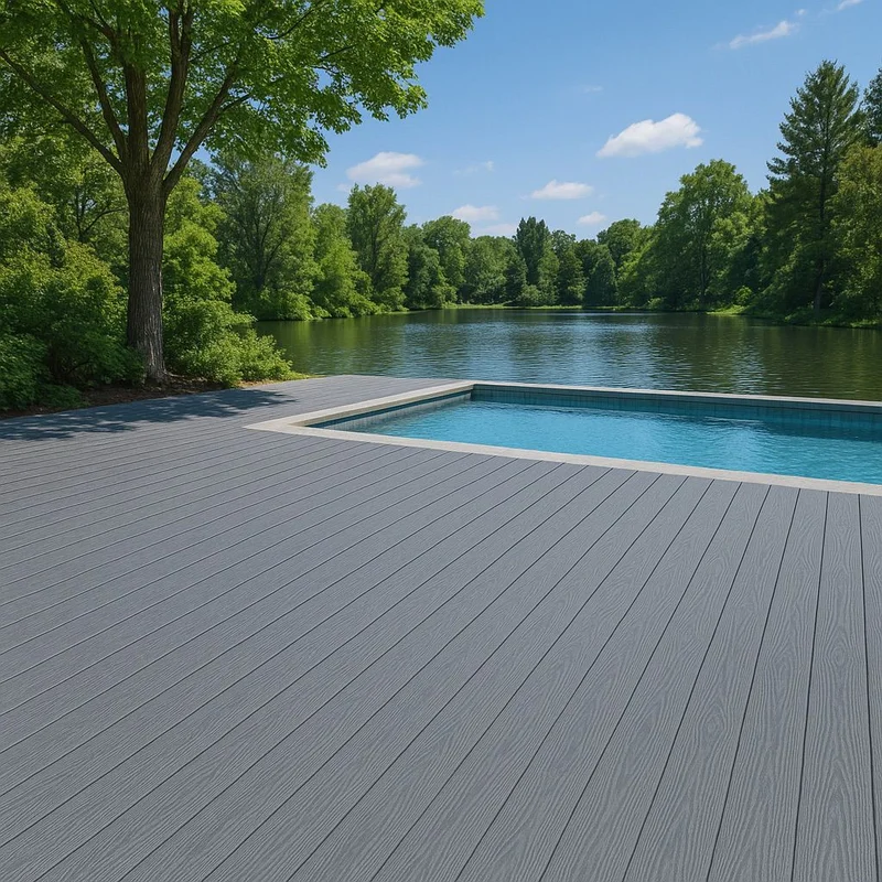 Terraza exterior con Piso DECK WPC Coextruido Bicolor Café Antique/Gris Piedra