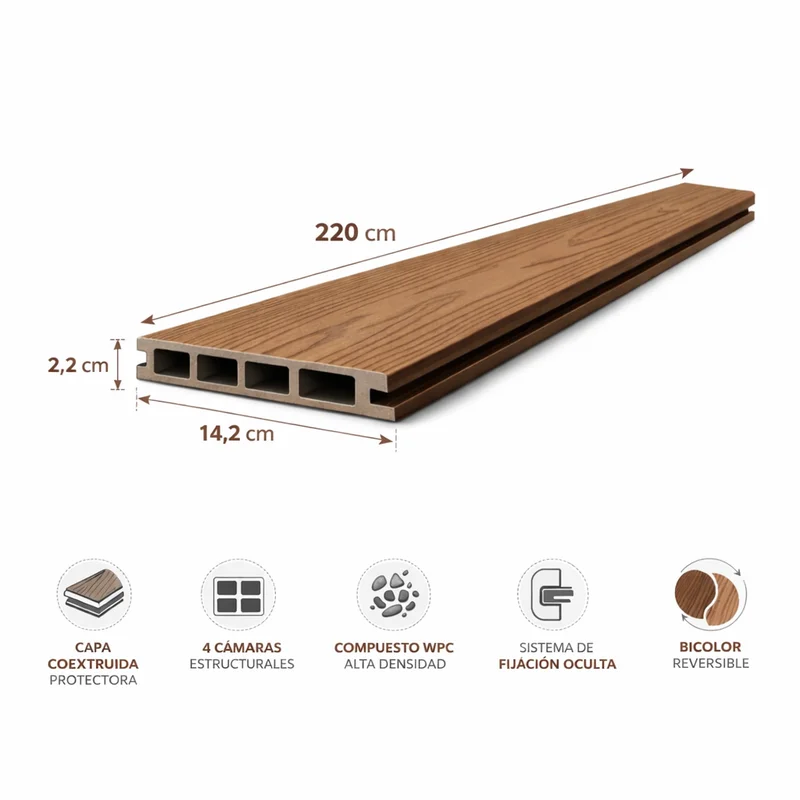 Dimensiones Piso Deck WPC Coextruido Bicolor Café Chocolate PEW101: 220cm × 14,2cm × 2,2cm
