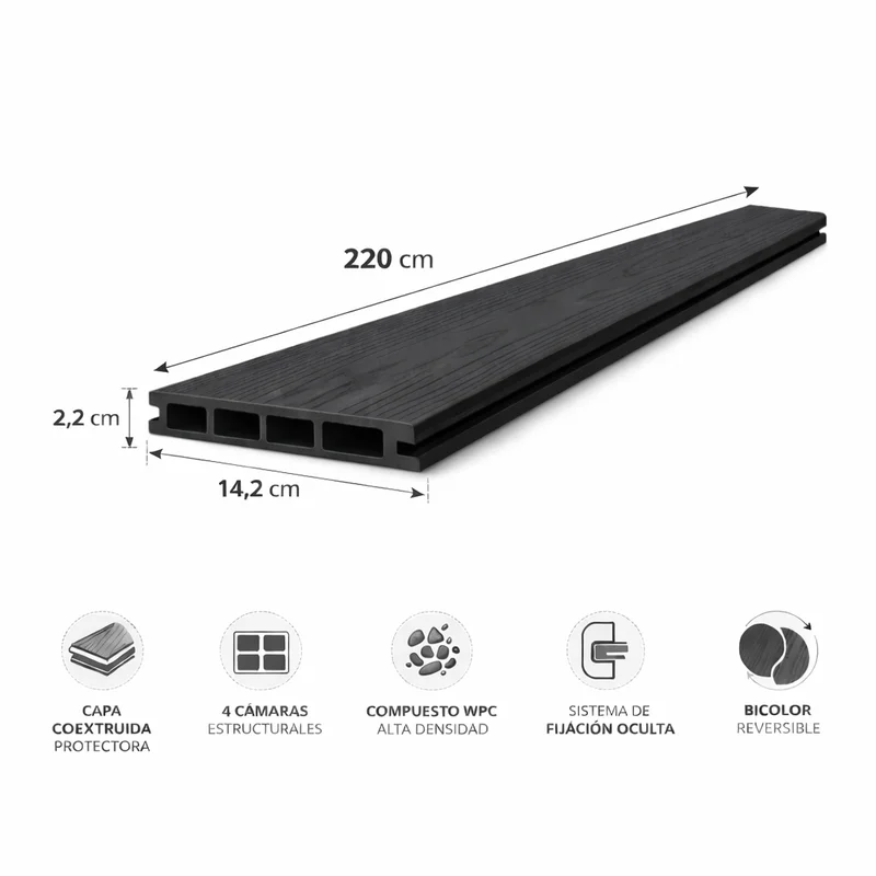 Dimensiones Piso Deck WPC Coextruido Bicolor Gris Grafito PEW101: 220cm × 14,2cm × 2,2cm