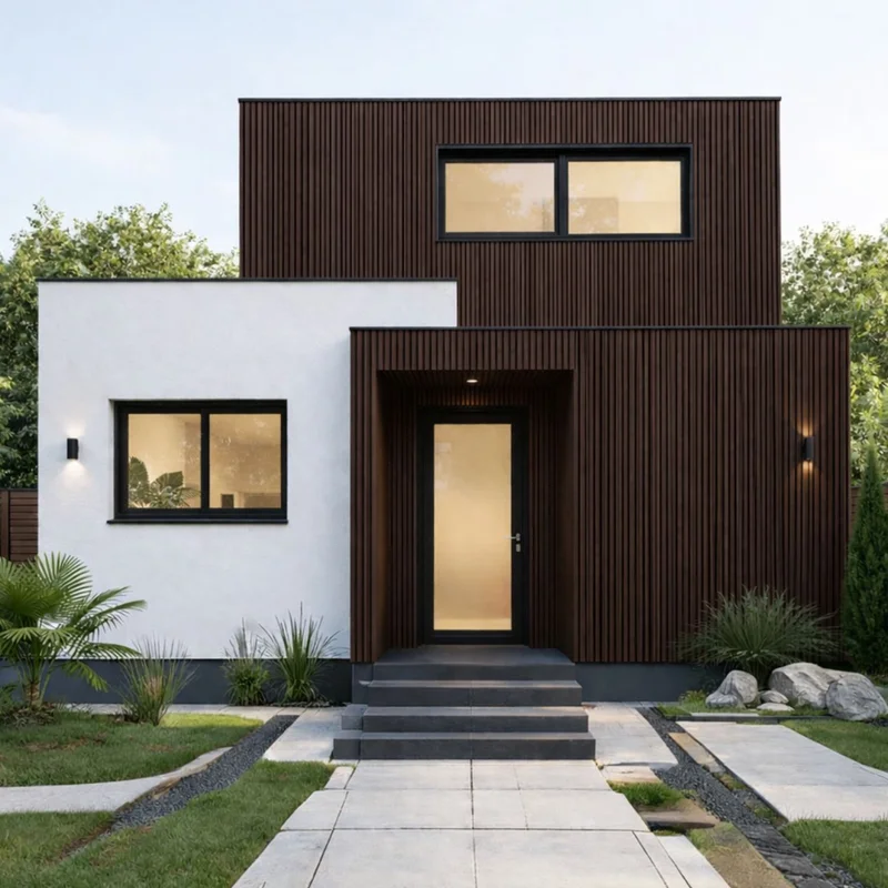 Revestimiento WPC REW102 Café Chocolate instalado en casa minimalista